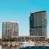 Looking across the Yarra River in Melbourne's Docklands district towards Yarra's Edge towers 2 & 3.