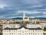 Aerial view of Landspitali hospital in Reykyavik with Hallgrímskirkja in background