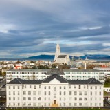 Aerial view of Landspitali hospital in Reykyavik with Hallgrímskirkja in background