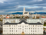 Aerial view of Landspitali hospital in Reykyavik with Hallgrímskirkja in background