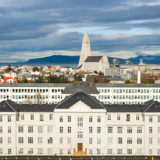 Aerial view of Landspitali hospital in Reykyavik with Hallgrímskirkja in background